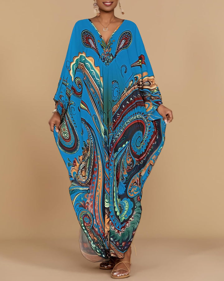 Bsubseach Damen Strandkleid Ethnic Print Kaftan Beach Maxi Kleider A-Blau-3, A-Blau-3