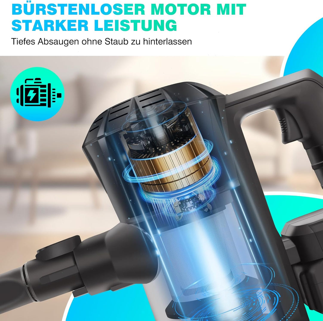 Freistehender kabelloser Staubsauger mit bürstenlosem Motor,3 in 1 Standstaubsauger mit LED&Bodenbür