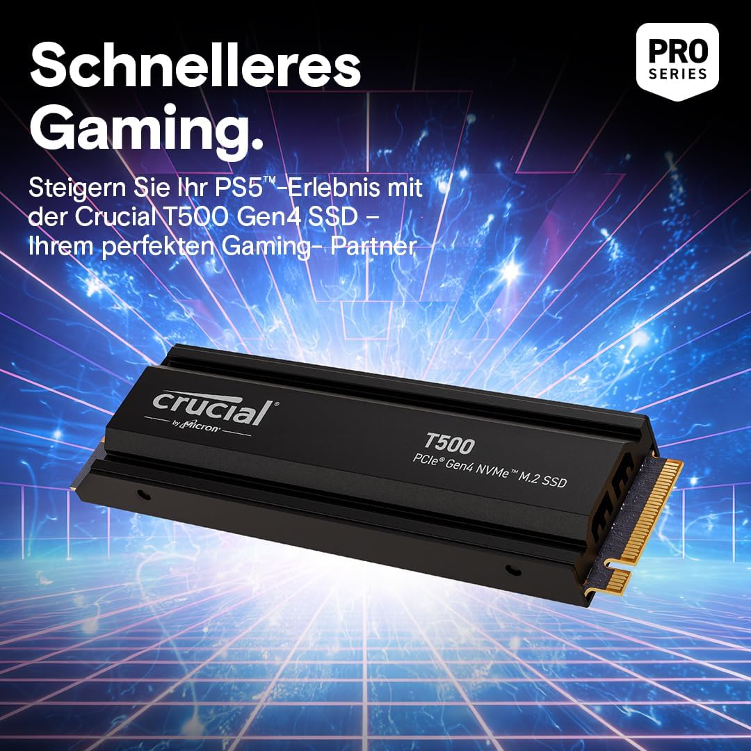 Crucial T500 SSD 1TB PCIe Gen4 NVMe M.2 Interne PS5 SSD Festplatte mit Kühlkörper, bis 7300MB/s, Lap