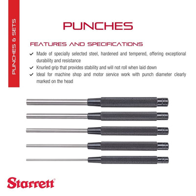 Starrett S248 Verlängerter Treiberstift-Lochersatz, 1/8"-3/8" Stiftdurchmesser, 8" Gesamtlänge, 3-1/