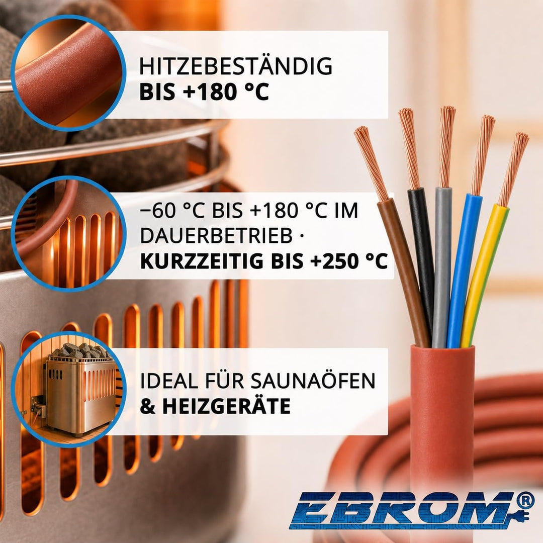Silikonkabel Saunakabel SIHF-J 5x4 mm² - 99,9% OFC Kupfer verzinnt -Meterware- Auswahl in 1 Meter Sc
