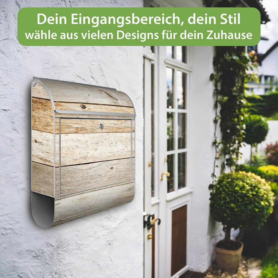 banjado® Design Briefkasten mit Motiv Graues Holz 39x47x14cm &amp; 2 Schlüssel - Briefkasten Stahl Silbe
