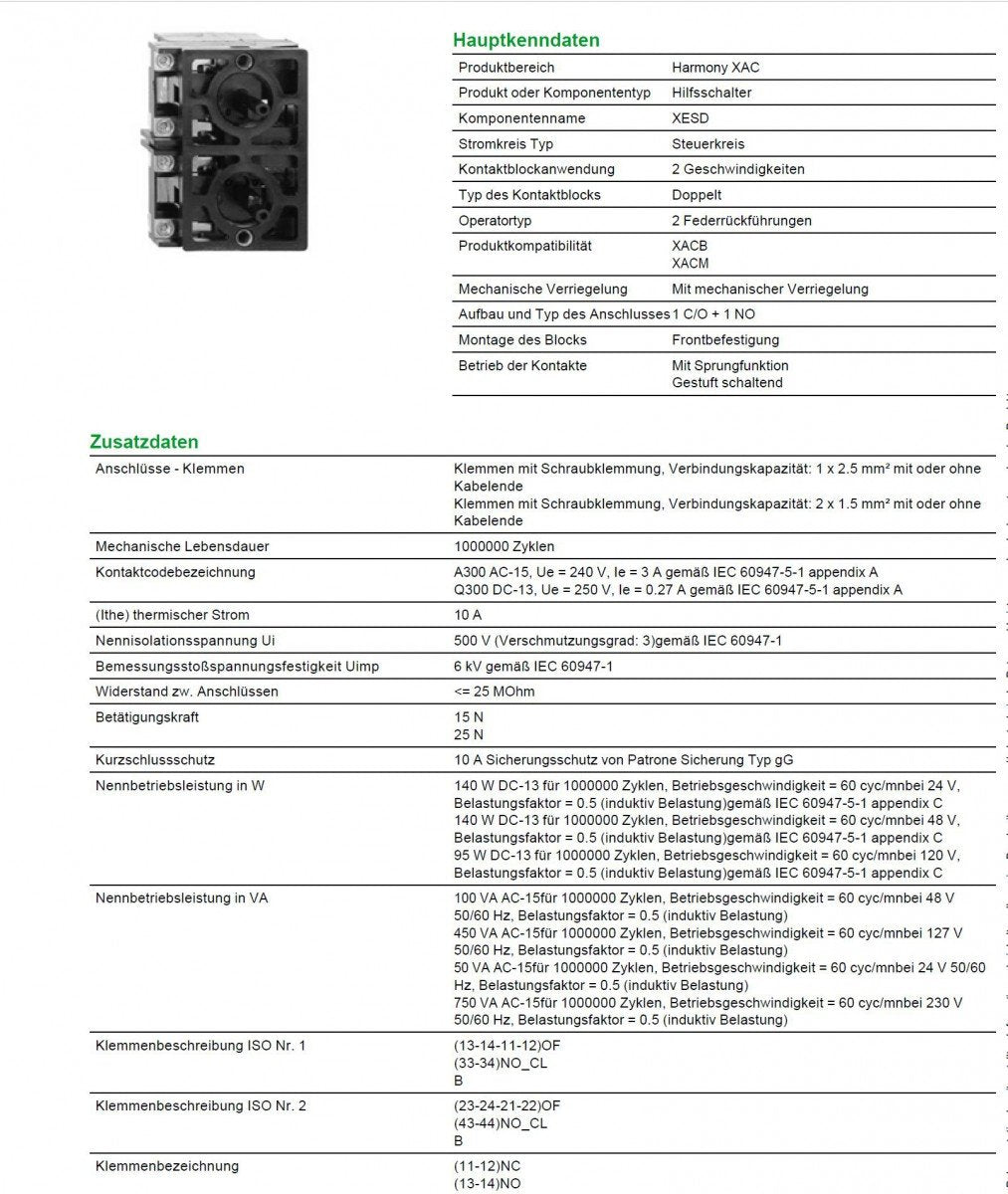 Schneider XESD1281 Hilfsschalter ohne Sprungfunktion, 1W+1S, Fronteinbau, Mittenabstand 40mm
