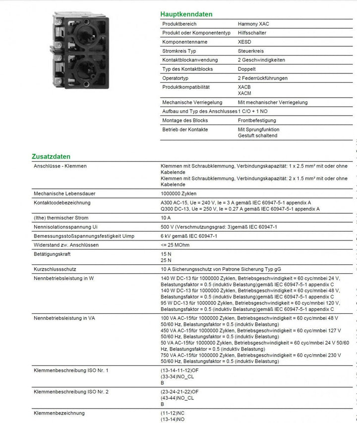 Schneider XESD1281 Hilfsschalter ohne Sprungfunktion, 1W+1S, Fronteinbau, Mittenabstand 40mm