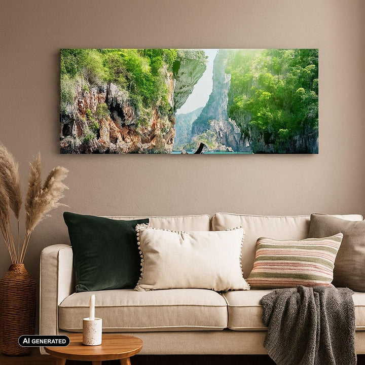 Wandbilder Dekoration Wohnzimmer Boot Klippen Natur Felsen Panorama Bilder auf Leinwand 120x50cm Lei