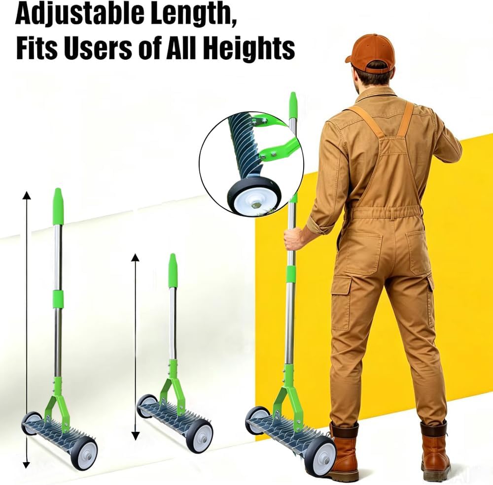 Handvertikutierer mit Rollen, Schneidrechen mit Stiel 165cm, Vertikutierer Rechen Hand mit Gartenabf
