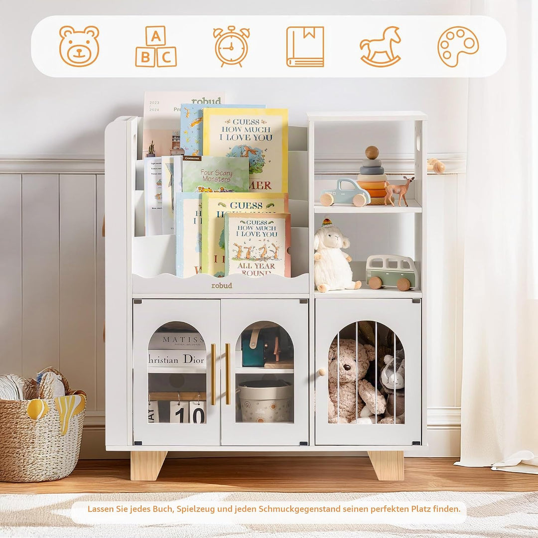 ROBUD Kinder bücherregal Weiss, Holz Standregal,mehrstufig, mit Spielzeugaufbewahrungszone, Kindersc