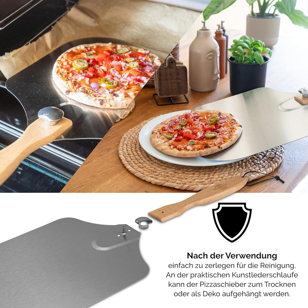 Pizza-Schieber Edelstahl, Pizzaheber rechteckig 35,5 x 30,5 cm, Pizzaschaufel Holz-Schaft, Pizzawend