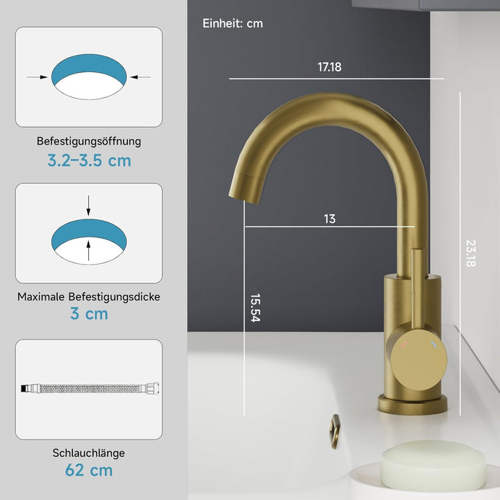 Wasserhahn Bad Gebürstetes Gold, Wasserhahn Küche Edelstahl, 360° Drehbar Waschtischarmatur Hoch, Ei