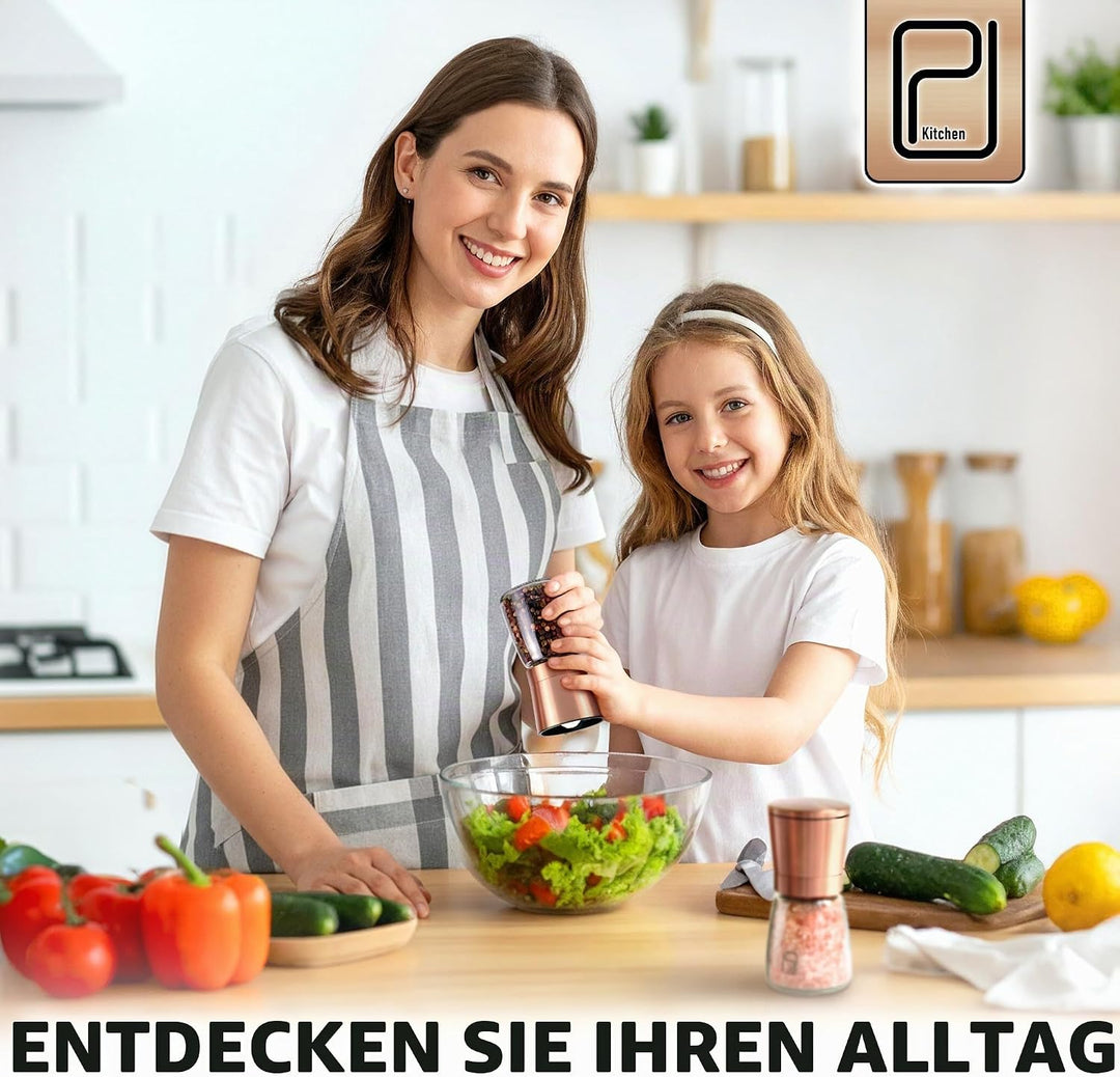 Premium Salz- und Pfeffermühle-Set - Beste kupferfarbige Edelstahl-Mühle, Handliche Magnetdeckel, Ke