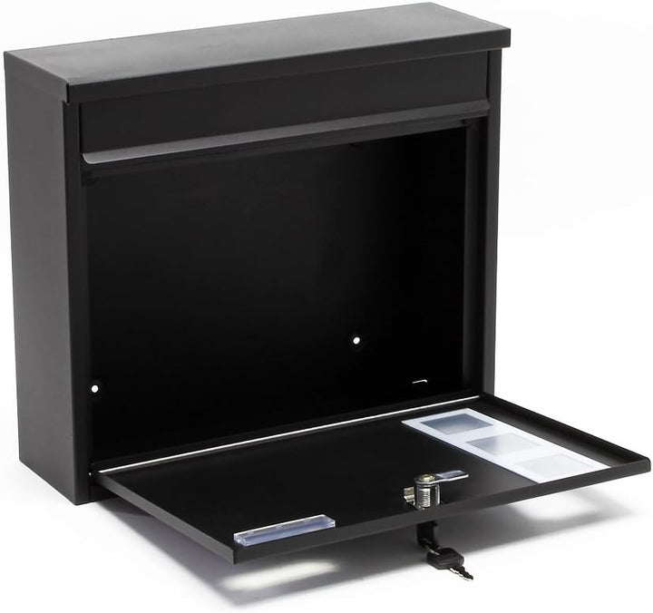 Wiltec Briefkasten V12 schwarz 360 x 115 x 315 mm, Wandbriefkasten mit Schloss, Sichtfenstern und Na