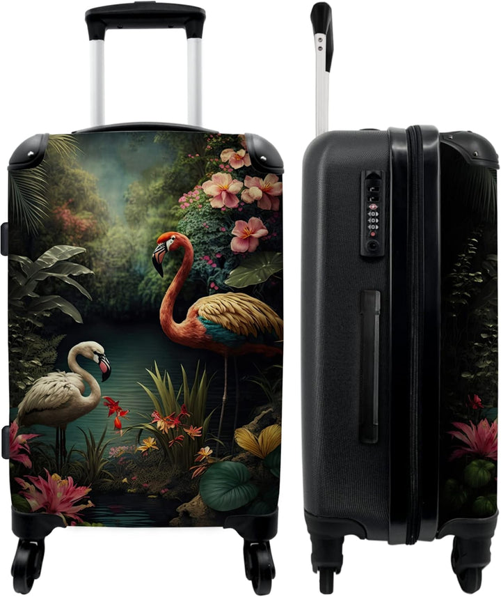 Koffer gross Trolley Rollkoffer Reisekoffer mit 4 Rollen Fotokoffer - Flamingo - Blumen - Dschungel