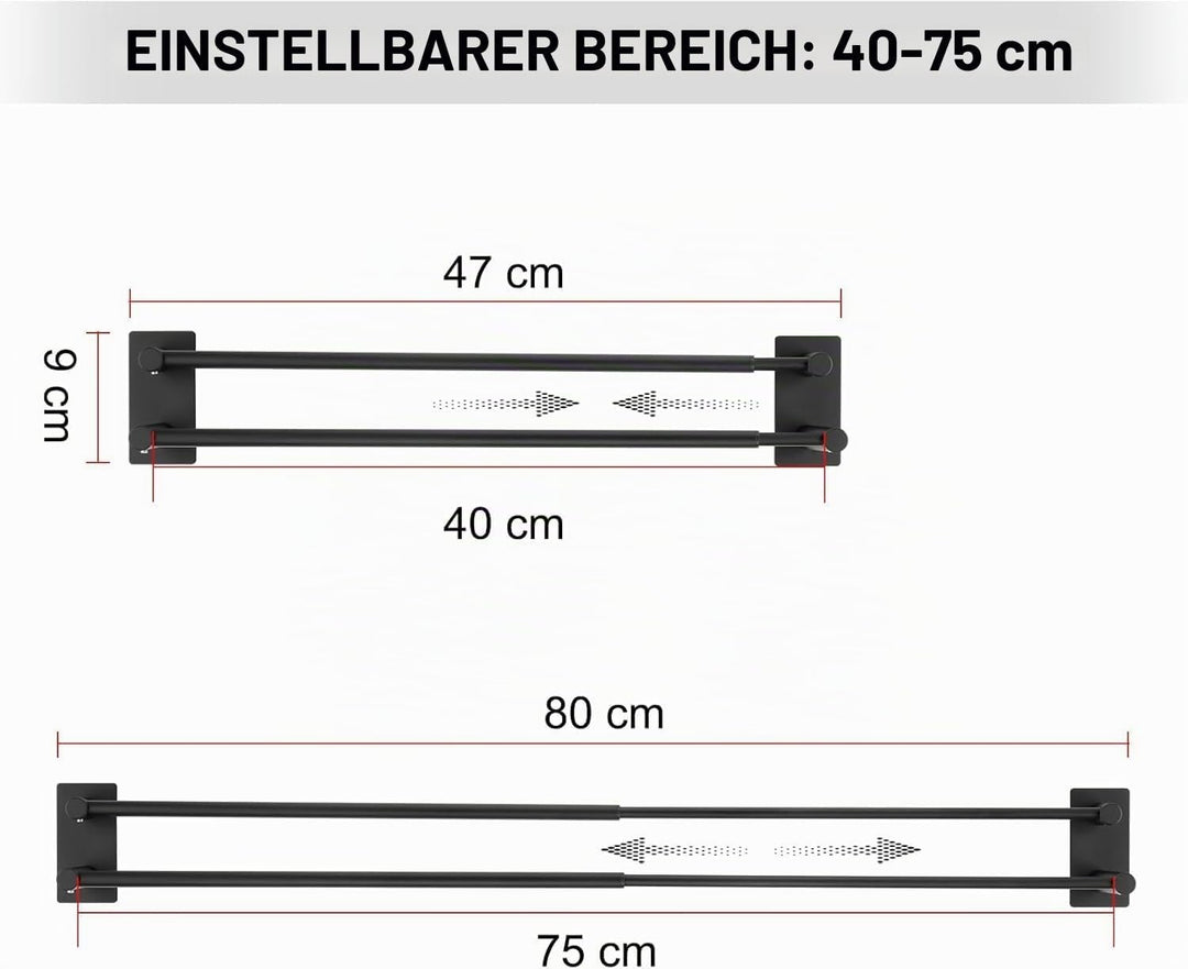 Handtuchhalter Verstellbar 40-75CM Ohne Bohren Doppelt Handtuchstange Selbstklebend Wandmontage 304