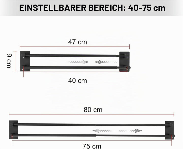 Handtuchhalter Verstellbar 40-75CM Ohne Bohren Doppelt Handtuchstange Selbstklebend Wandmontage 304