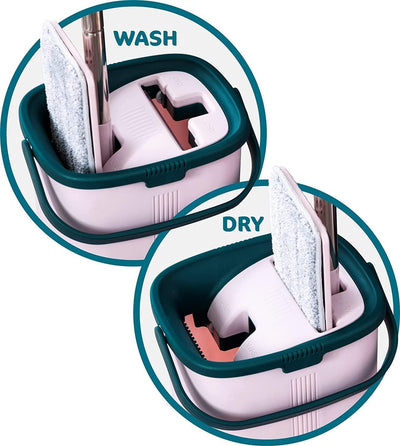 Bodenwischer Mop Set - Handy | Flach, Schwenkbar mit Zwei Kammer Putzeimer | Wischmopp mit Auswringf