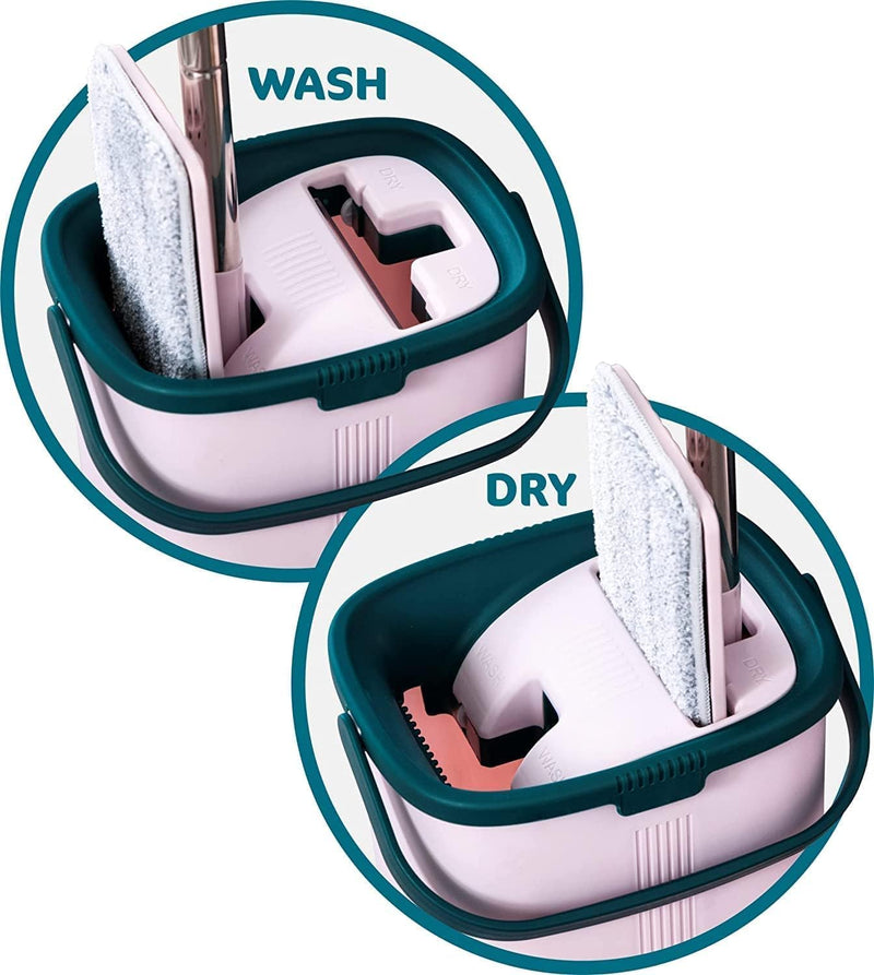 Bodenwischer Mop Set - Handy | Flach, Schwenkbar mit Zwei Kammer Putzeimer | Wischmopp mit Auswringf