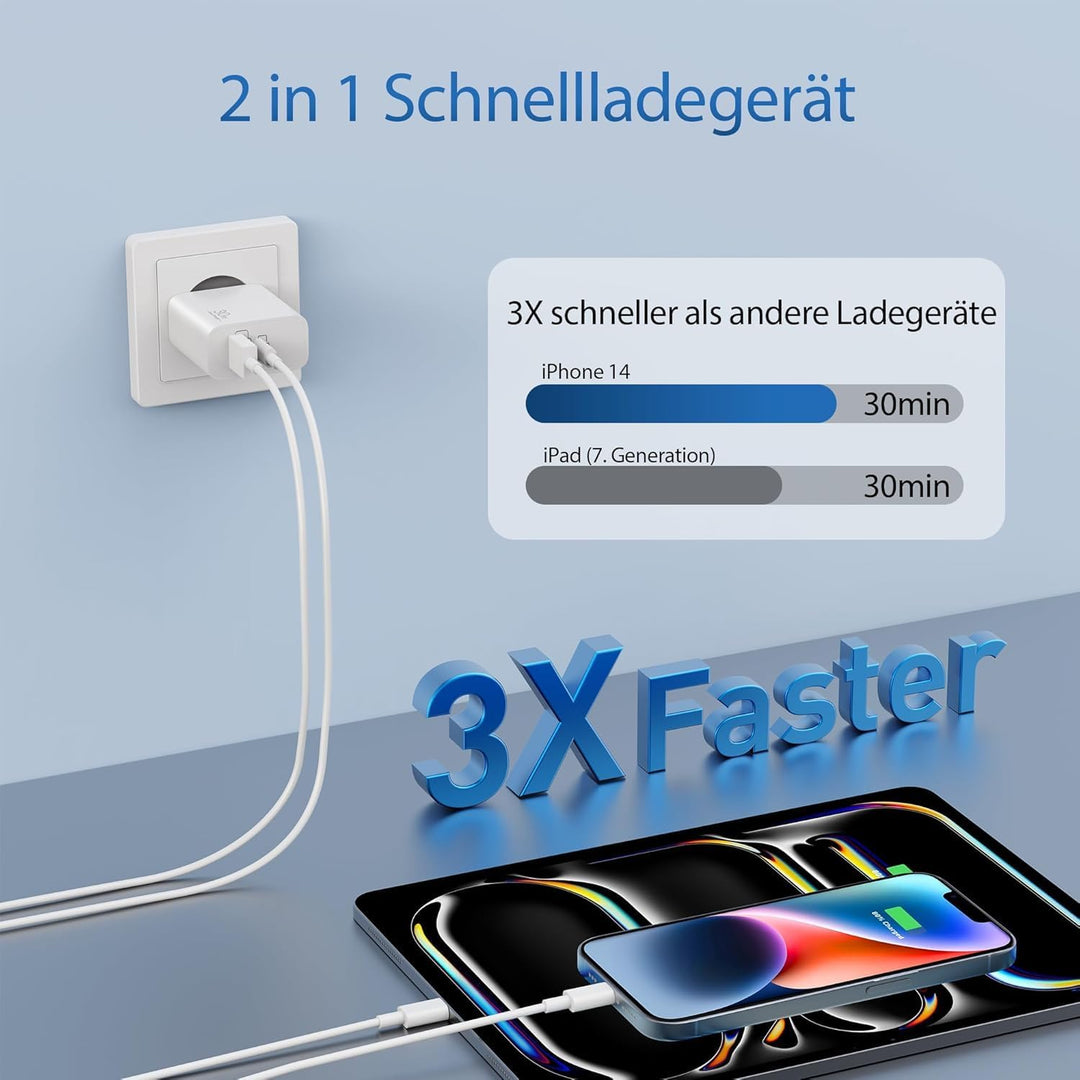 ARCCRA 30W 2-Port Schnellladegerät + 3M Lang Ladekabel für iPhone 14 13 12 11 Pro Max Plus, iPhone X