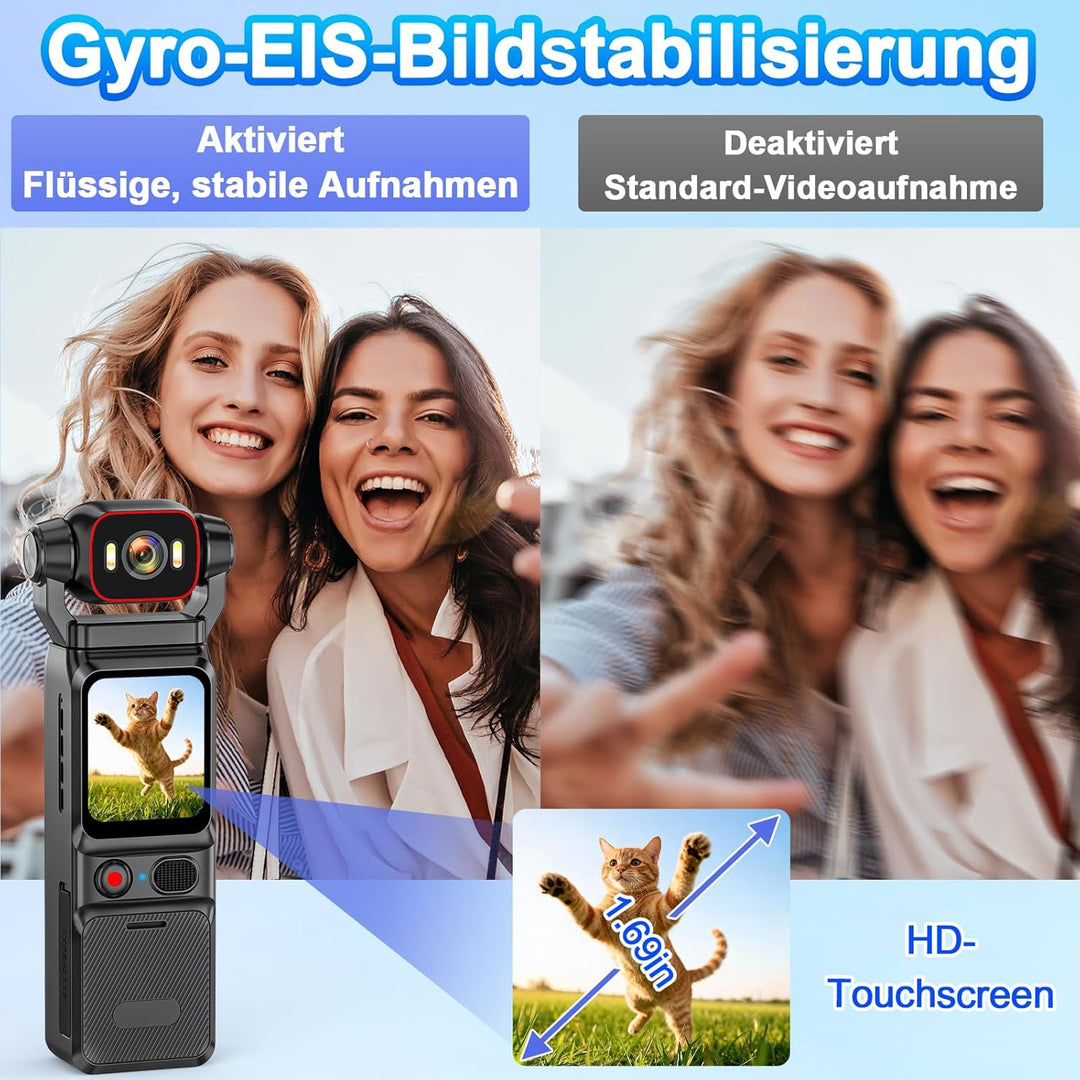 Action Cam 4K, 6-Achsen-Stabilisierung Videokamera Vlog, Live-View-Display Vlog Kamera WLAN, 160° We