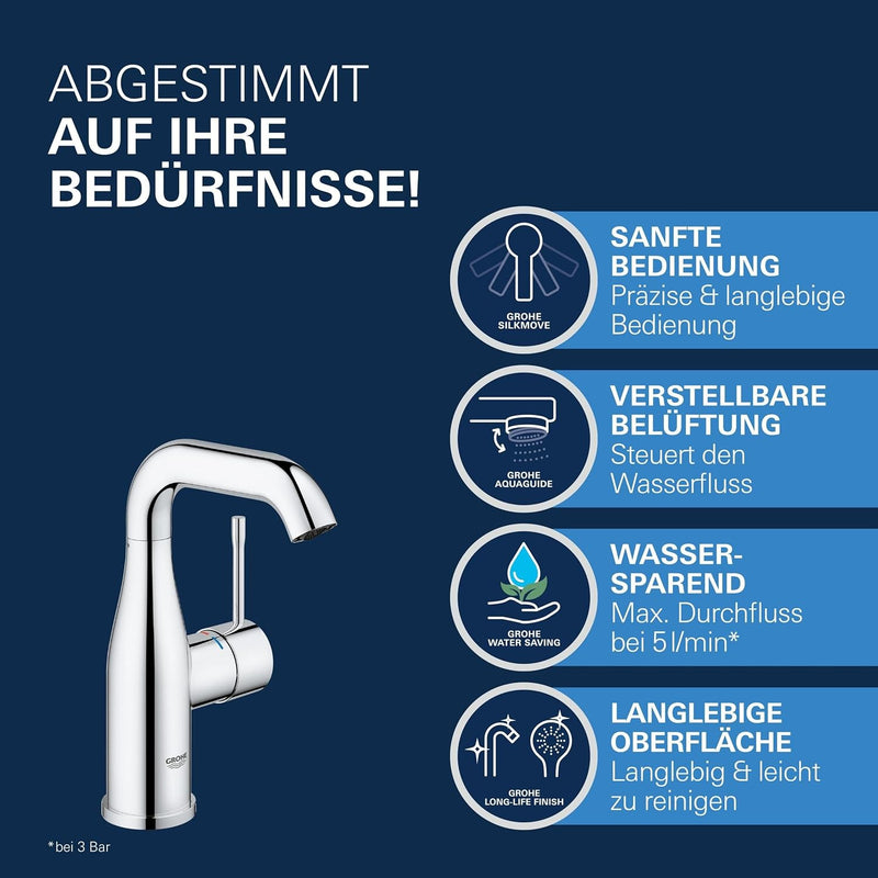 GROHE Essence - Einhand- Waschtischbatterie (wassersparend, glatter Körper, M-Size), chrom, 23463001