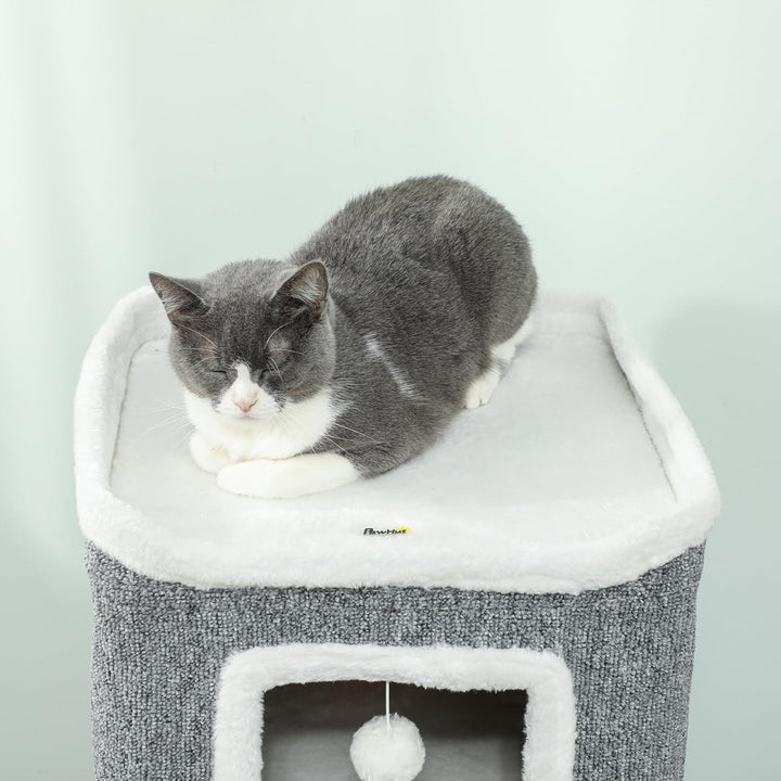 PawHut Kratztonne 100 cm Hoch 41 x 41 cm vierstöckige Katzentonne mit Spielball, Plüschrand, Katzenh