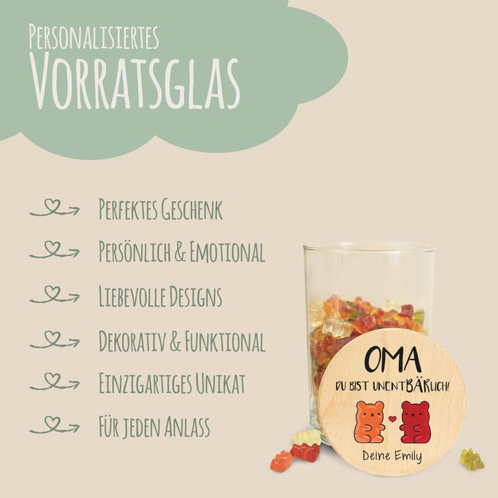 GRAVURZEILE Vorratsglas mit bedrucktem Holzdeckel - UnentBÄRlich Oma - Personalisiert mit Name - Kek