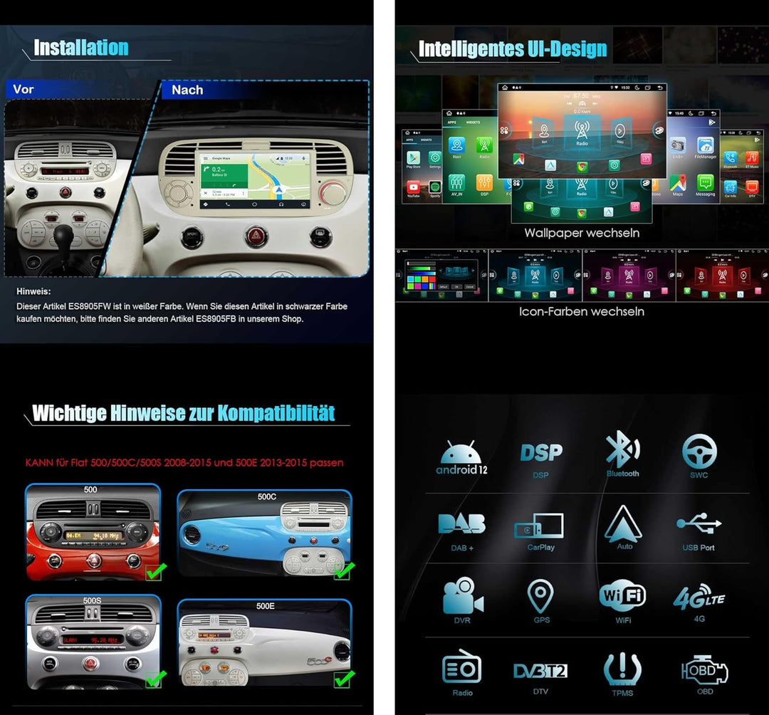 Erisin 7 Zoll 8-Kern 4GB RAM+64GB ROM Android 12 Autoradio mit GPS Navigation für FIAT 500 500C 500S