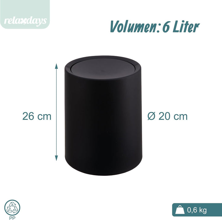 Relaxdays Kosmetikeimer, 6 Liter, mit Schwingdeckel, Inneneimer, matter Kunststoff, runder Badezimme