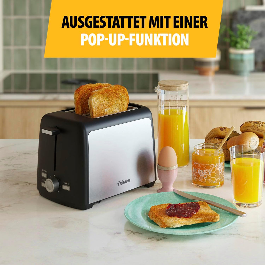 Tristar Edelstahlstahl-Toaster, 2 Scheiben Kapazität, 800W, 7 Bräunungsstufen, Auftauen- und Aufwärm