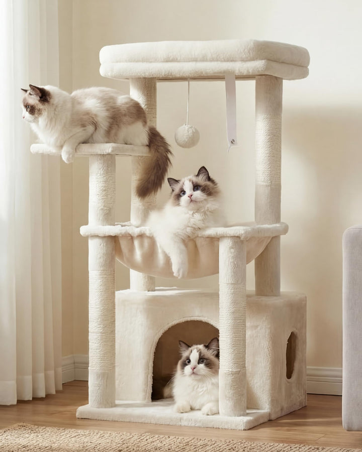 Heybly Kratzbaum, Katzenbaum mit Extra Grossem, Weichem Katzenkorb, Katzenkratzbaum mit Geräumigem K