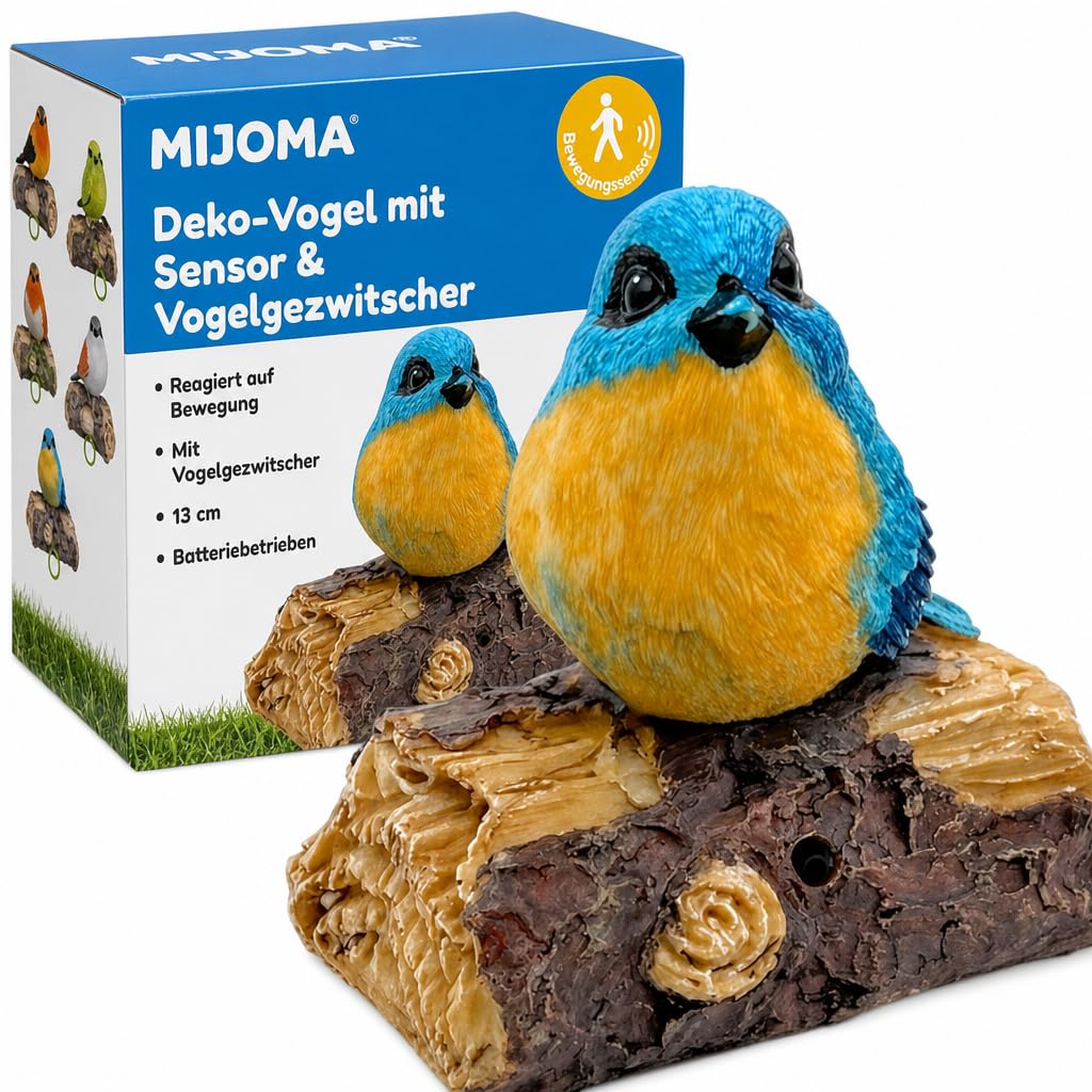 MIJOMA Dekovogel mit Vogelgezwitscher & Bewegungsmelder – Zwitschernder Vogel auf AST, Handbemalt, 1