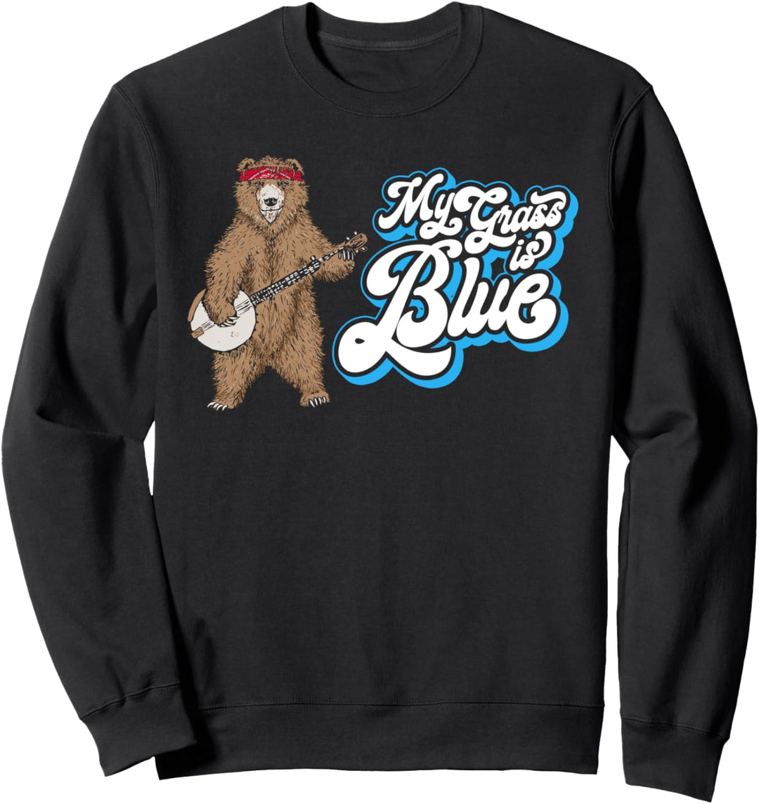 Banjo Grizzly Bear Hippie My Grass is Blue Bluegrass Retro Sweatshirt