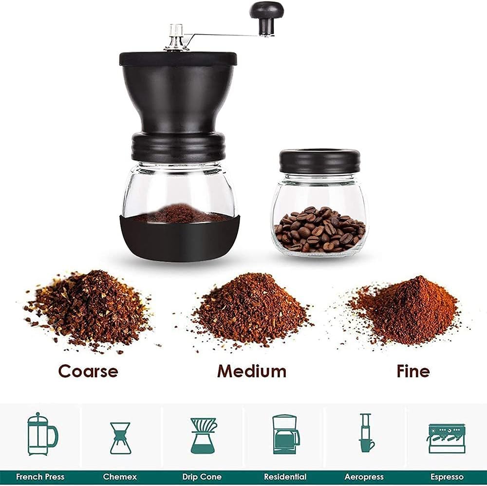 Manuelle Kaffeemühle mit Keramik-Frässtiften, 350 ml,Glasdosen, Silikonabdeckung und Edelstahlgriff,