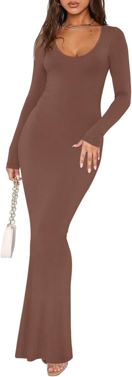 REORIA Damen Sexy U-Ausschnitt Langarm Lounge Langes Kleid Gerippte figurbetonte Maxikleider XS Kaff