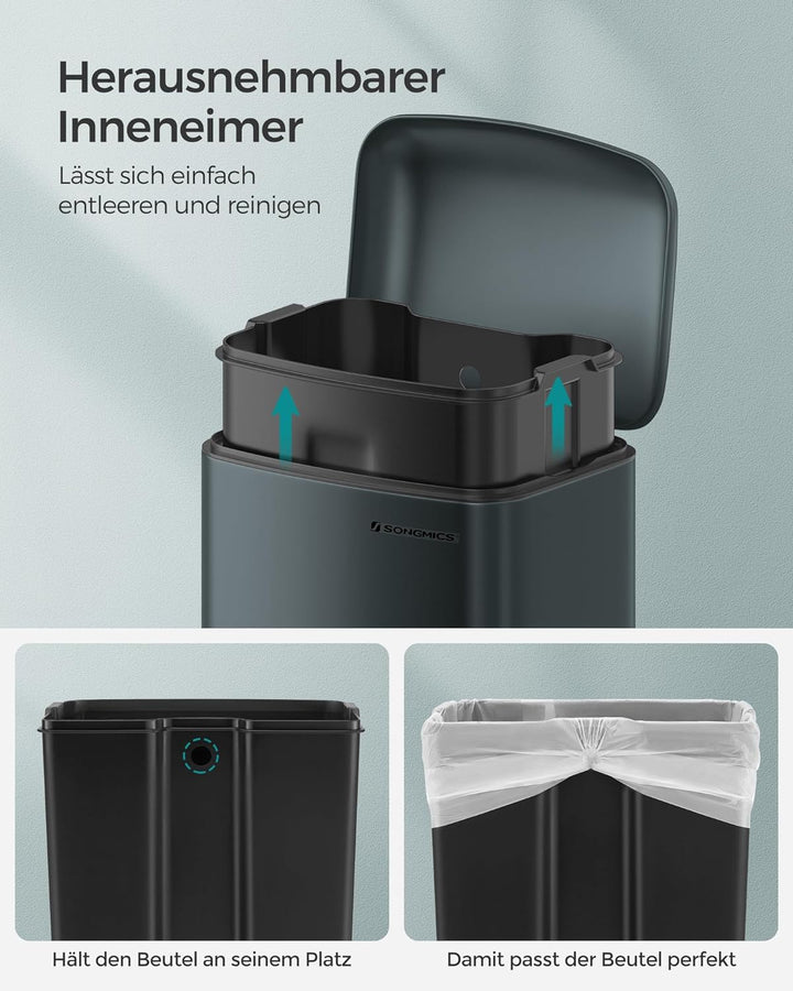 SONGMICS Abfalleimer 30 l, mit Pedal aus Stahl, Inneneimer und Deckel, Griff, weicher Verschluss, lu