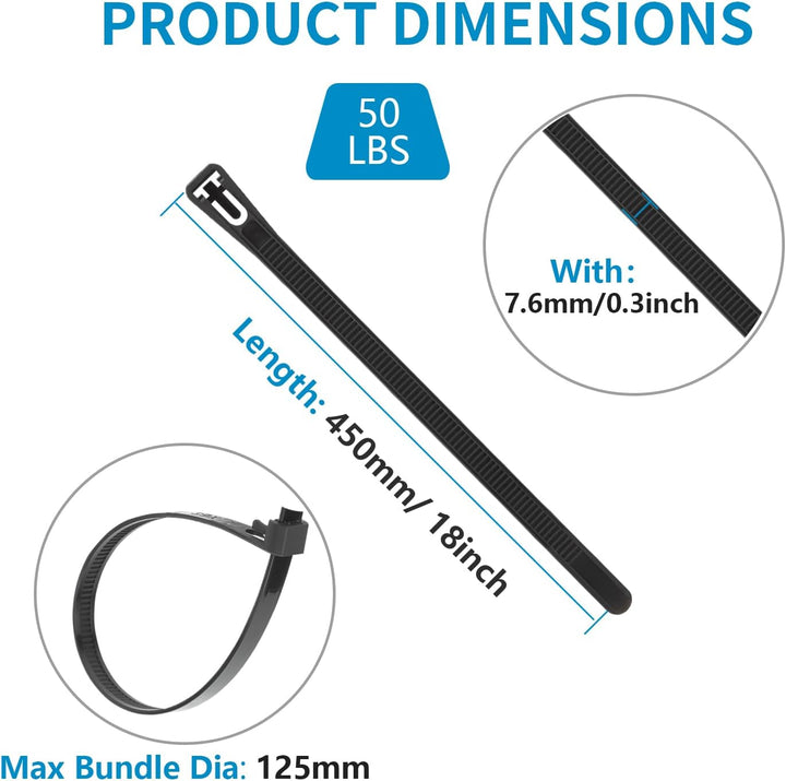 100 Stück 7.6mm x 450mm Kabelbinder wiederverwendbar UV-Beständig Starkes Nylon Wiederlösbar Kabelbi