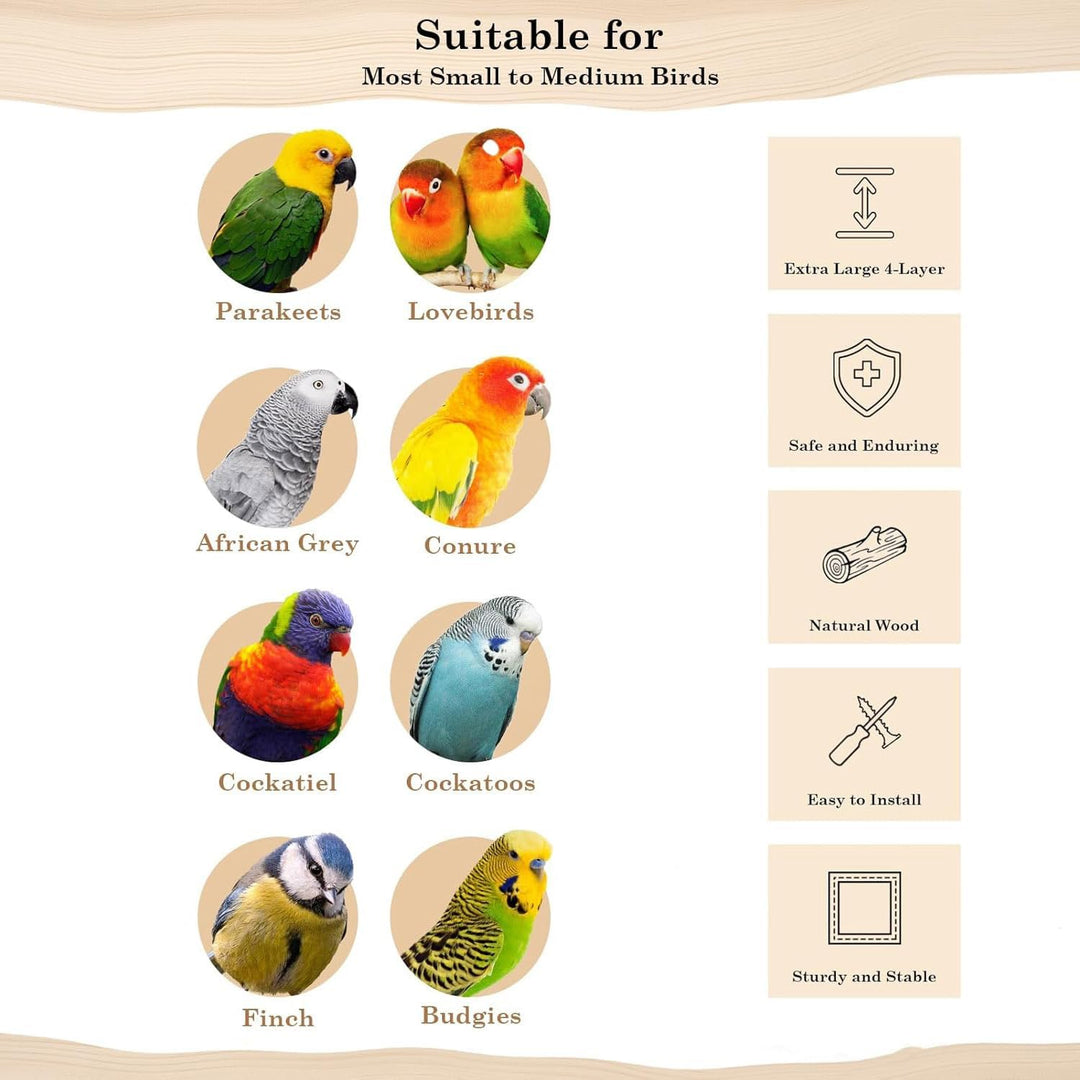 TOOSOAR Vogelspielplatz aus Holz,mit Edelstahl-Feeder-Cup,Bunte Kunststoffkette für Haustiere,für Pa