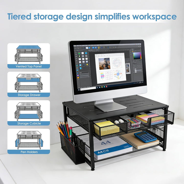 Monitorständer, Schreibtisch Organizer aus Metall mit Schublade &amp; 2 Stifthaltern, ergonomische Monit