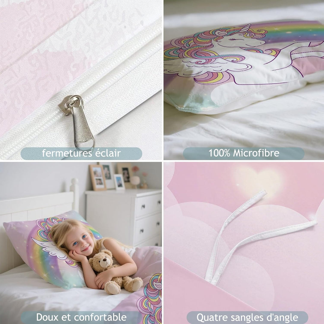 Bettbezug 90 x 190 cm, für Kinder, Mädchen, Bettwäsche für Einzelbett, Rosa, Regenbogen, Einhorn – M