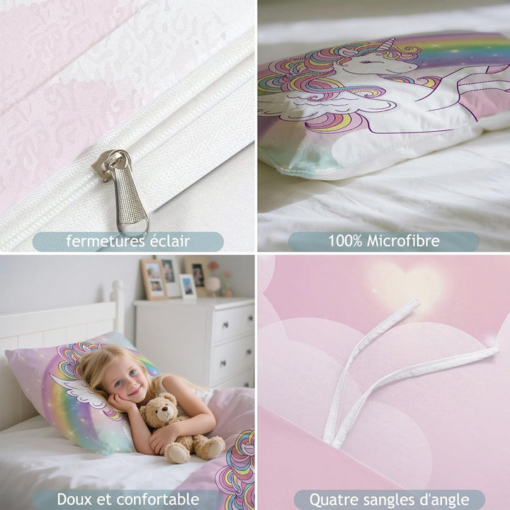 Bettbezug 90 x 190 cm, für Kinder, Mädchen, Bettwäsche für Einzelbett, Rosa, Regenbogen, Einhorn – M