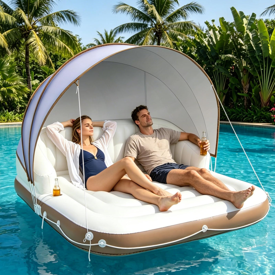 GYMAX Badeinsel Aufblasbar Schwimminsel mit Einziehbarem & Abnehmbarem Vordach Liegeinsel Canopy Isl