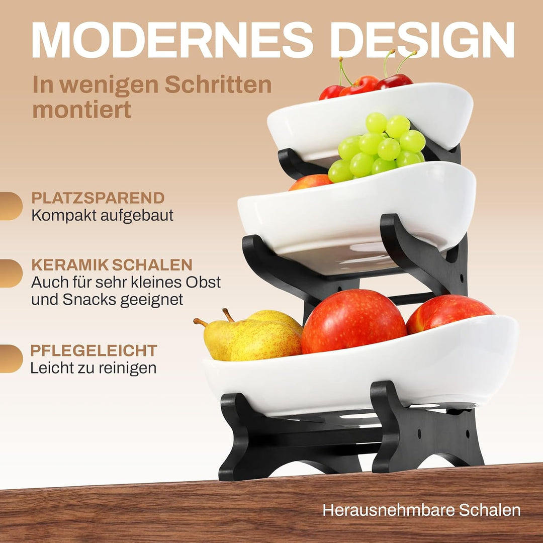 Obstetagere 3 Etagen aus Keramik | Moderner Obstkorb mit schwarzem Holzrahmen, Ø 30 cm Basis | Stilv
