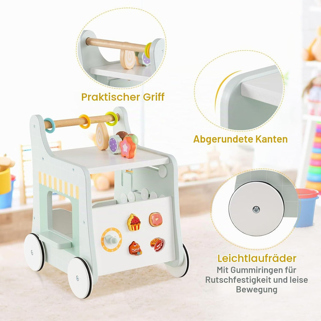 DREAMADE Lauflernwagen Holz, 6-in-1 hölzerne Lauflernhilfe, Baby Walker mit Blöcken &amp; Zubehör, Lernl