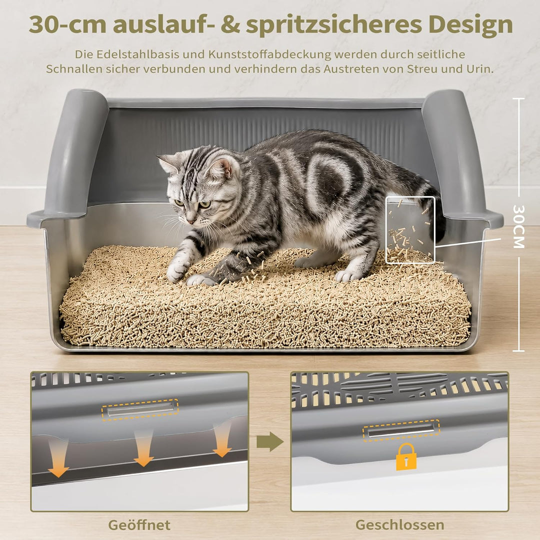 Katzenklo Edelstahl XXXL mit DIY-Aufkleber, 20L Katzentoilette Edelstahl mit Deckel, Grosse Kapazitä