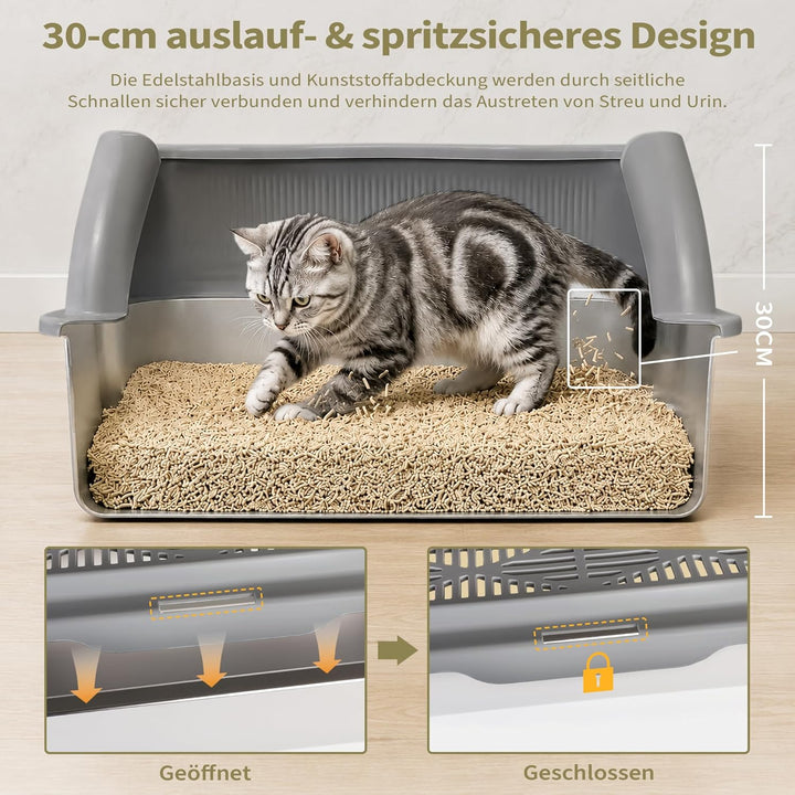 Katzenklo Edelstahl XXXL mit DIY-Aufkleber, 20L Katzentoilette Edelstahl mit Deckel, Grosse Kapazitä