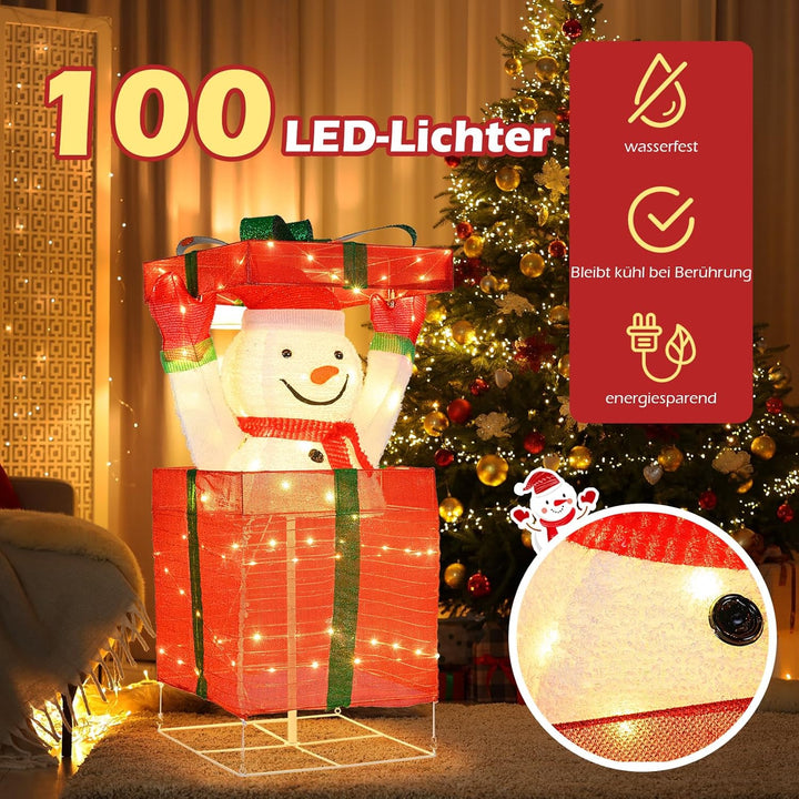 COSTWAY LED Schneemann in Geschenkbox, 115 cm beleuchtete Weihnachtsdeko mit 100 warmweissen LED-Lic