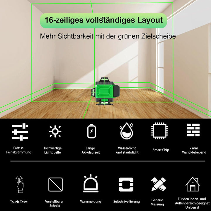 Kreuzlinienlaser mit Stativ, 4x360° Selbstnivellierend Laser Wasserwaage, Baulaser Nivelliergerät 16