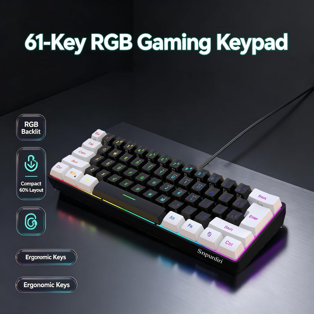 Snpurdiri 60% Percent Gaming Tastatur, Ergonomische Kleine Mini Gaming Tastatur, Silent Compact RGB
