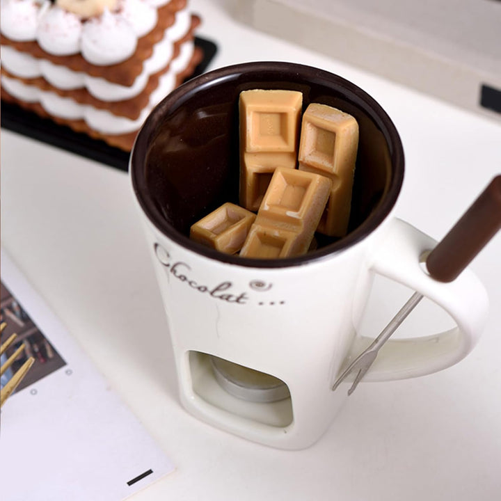 Schokoladen-Fonduetasse mit Gabeln, 130 ml, Schokoladenschmelzbecher, Keramik-Butterwärmer, Set, per