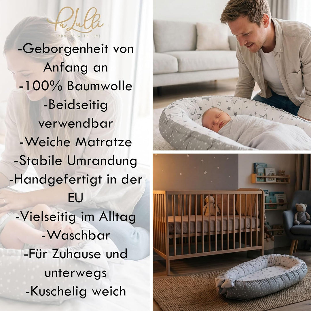 PaLulli Babynest Babynestchen 50x90 cm Babykokon, 2seitig, 100% Baumwolle, Nestchen für Babybett, Ku