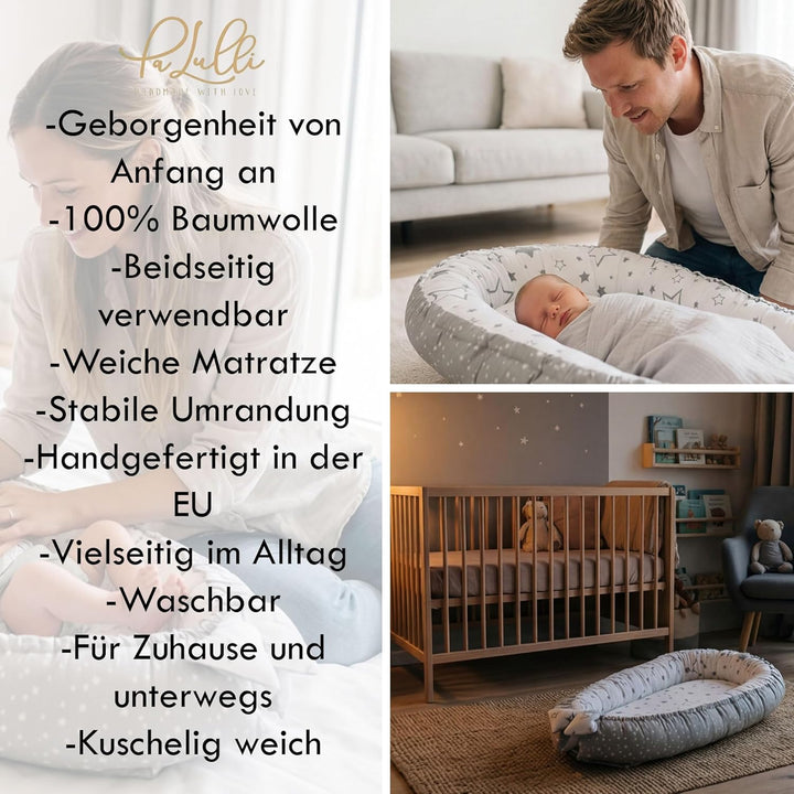 PaLulli Babynest Babynestchen 50x90 cm Babykokon, 2seitig, 100% Baumwolle, Nestchen für Babybett, Ku